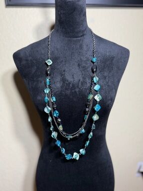 Stephan & Co Multi-Strand Teal Abalone Shell and Black Beaded Necklace
